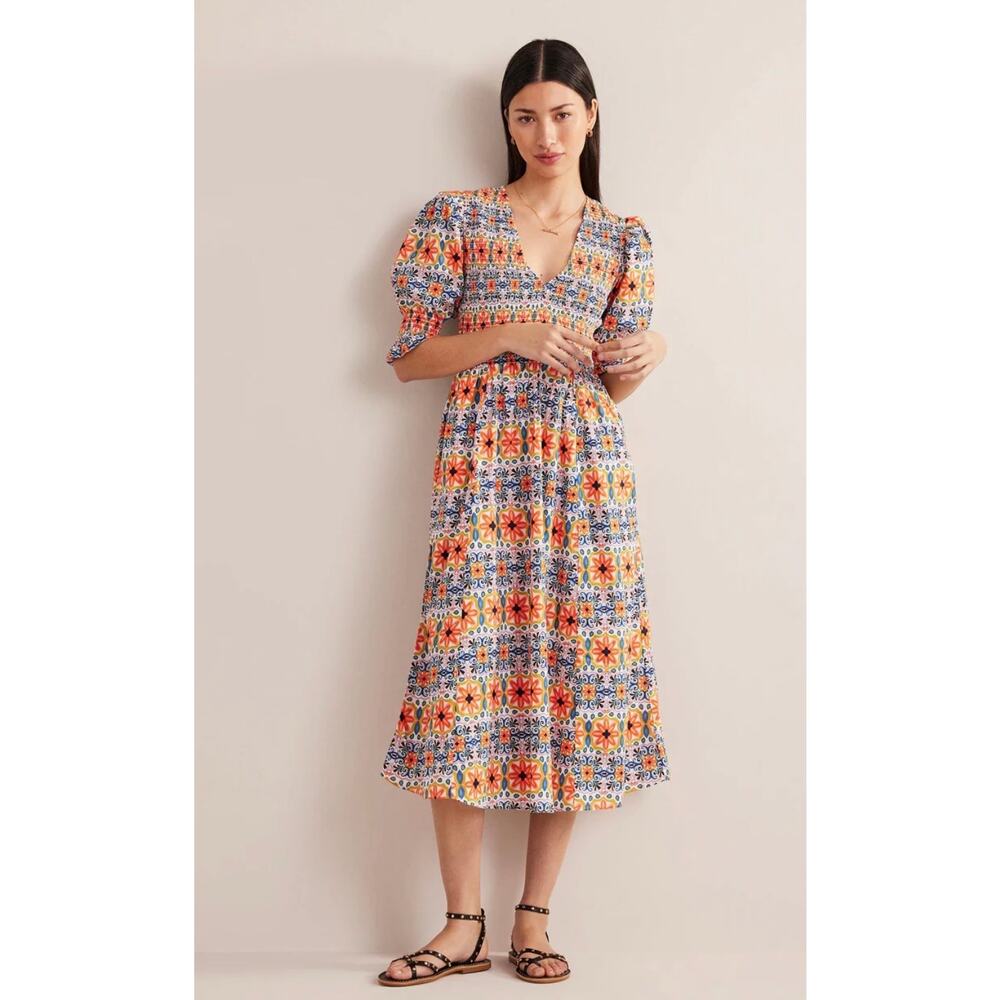 Boden Smocked Bodice Midi Dress Colorful Cute Tapestry Stripe Puff Sleeves US6 - Picture 13 of 13